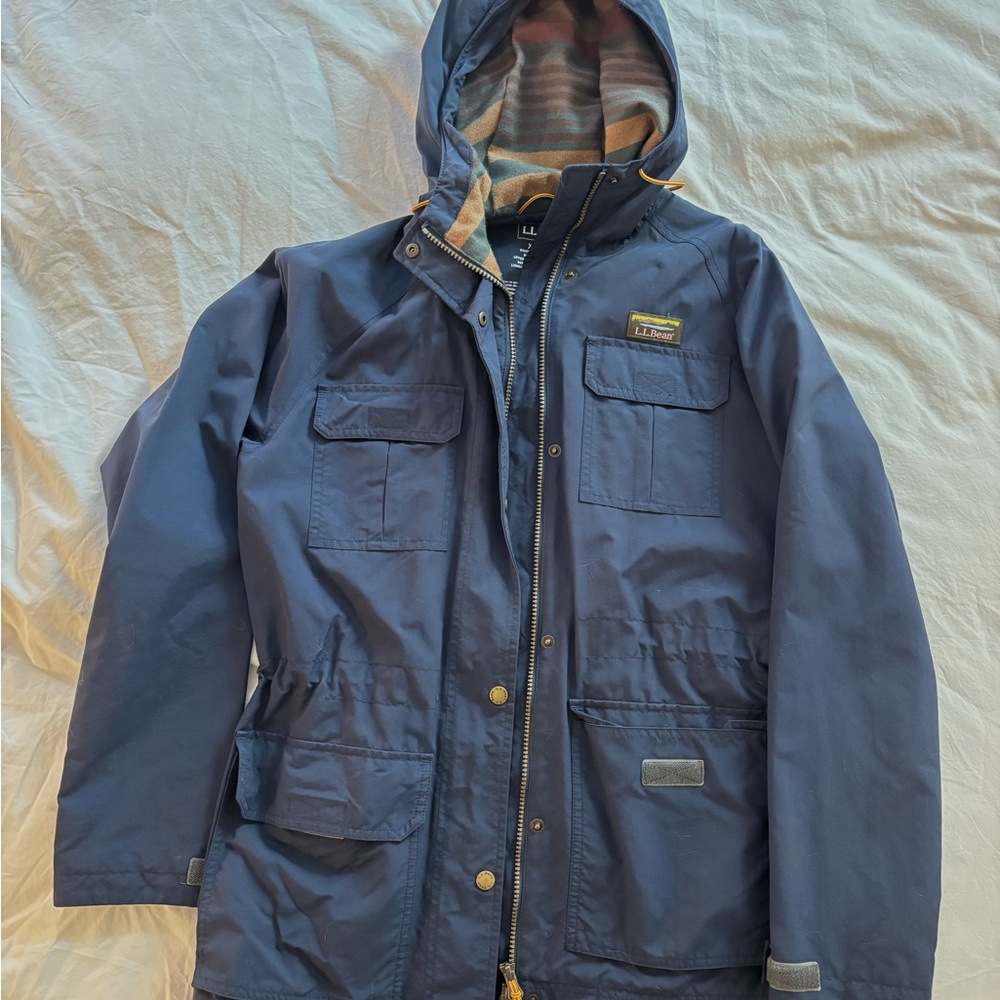 L.L. Bean Women’s Navy Raincoat with Striped Flannel Lining - Picture 2 of 4